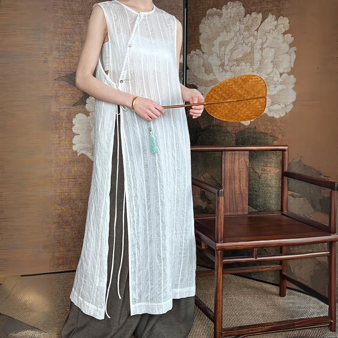 新中式开叉叠穿系带罩衫长裙 New Chinese Style Side Slit Vest