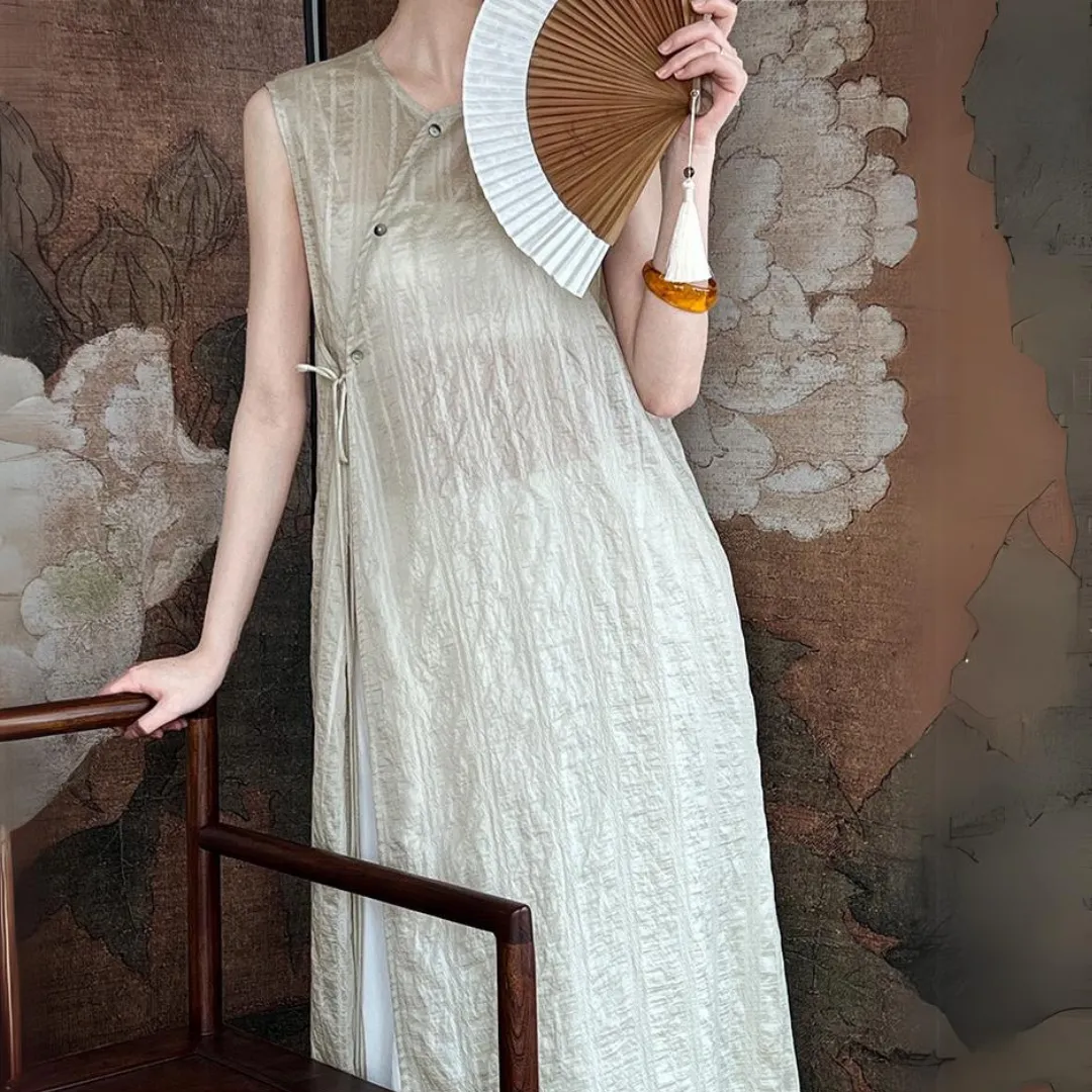 新中式开叉叠穿系带罩衫长裙 New Chinese Style Side Slit Vest