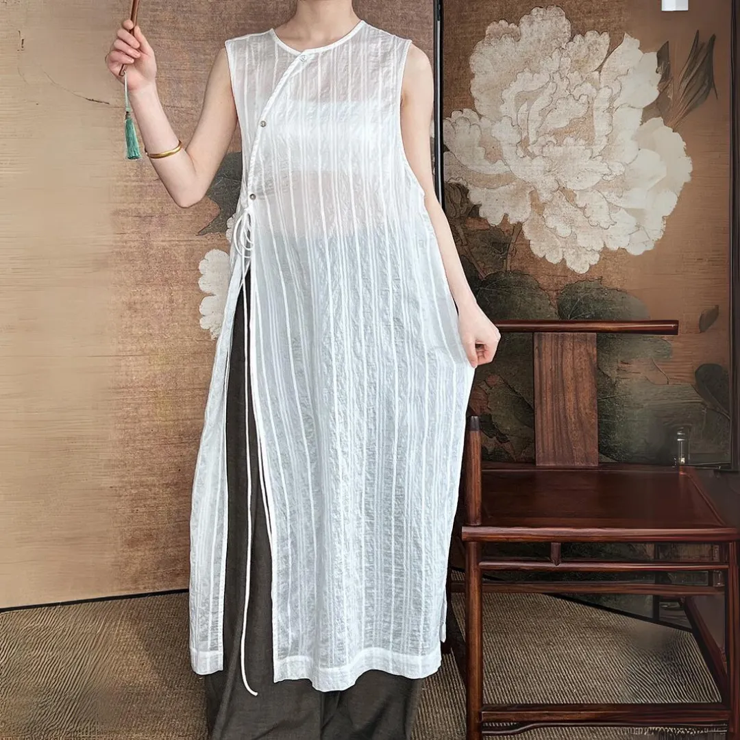 新中式开叉叠穿系带罩衫长裙 New Chinese Style Side Slit Vest