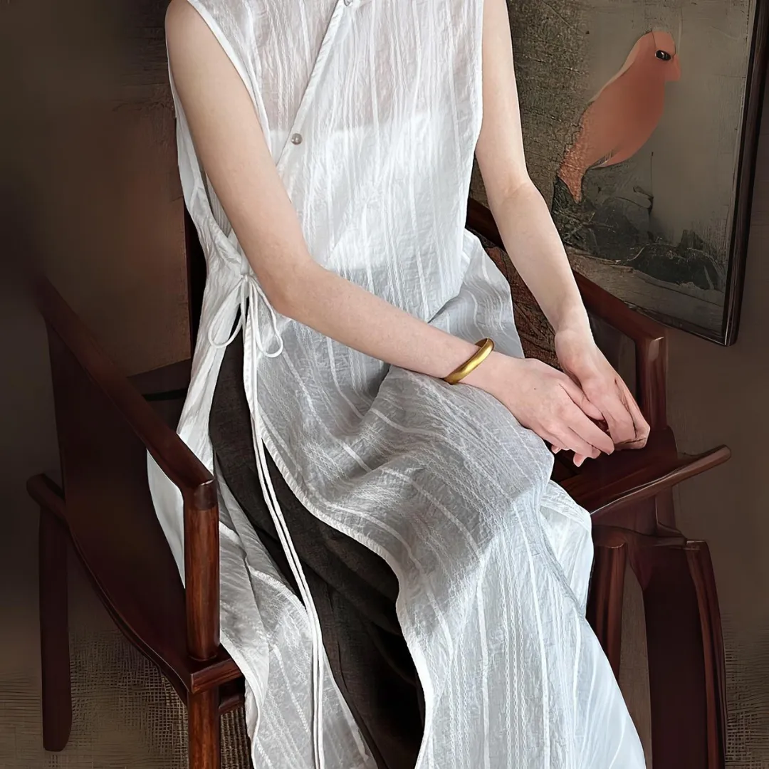 新中式开叉叠穿系带罩衫长裙 New Chinese Style Side Slit Vest