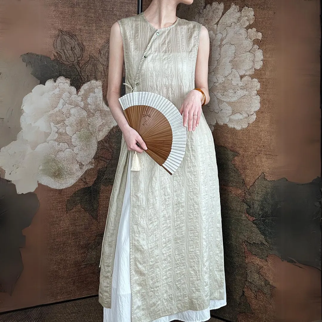 新中式开叉叠穿系带罩衫长裙 New Chinese Style Side Slit Vest