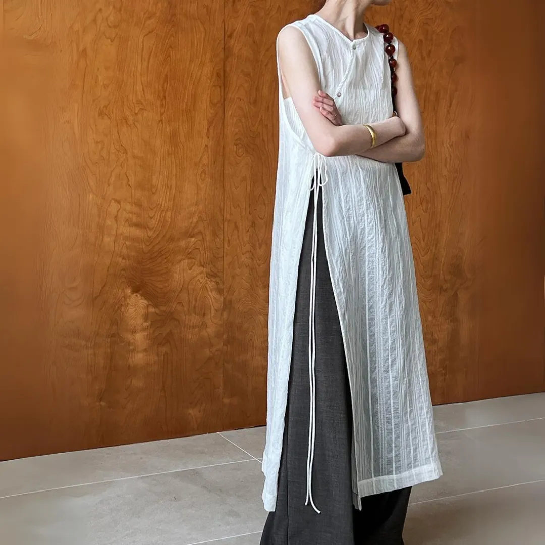 新中式开叉叠穿系带罩衫长裙 New Chinese Style Side Slit Vest