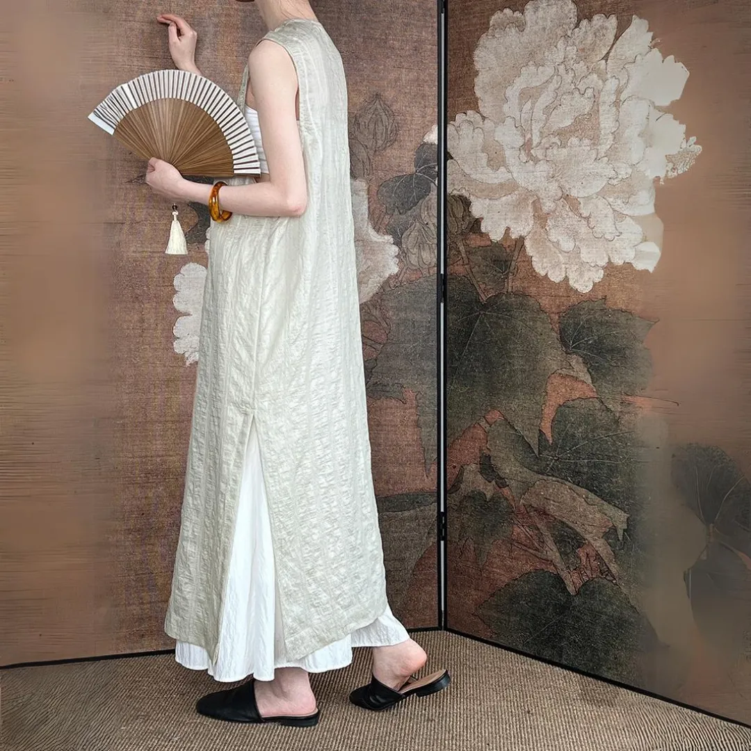 新中式开叉叠穿系带罩衫长裙 New Chinese Style Side Slit Vest