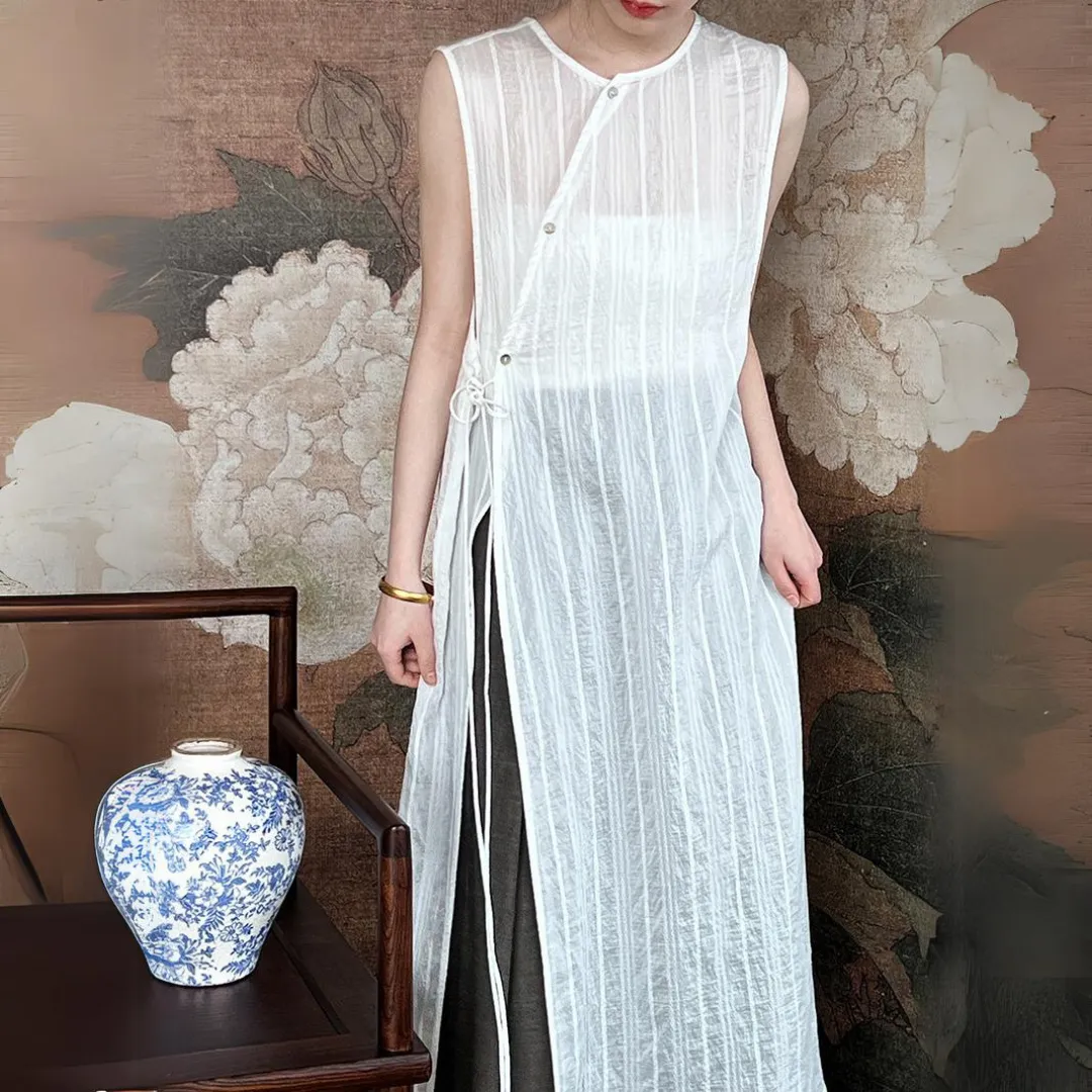 新中式开叉叠穿系带罩衫长裙 New Chinese Style Side Slit Vest