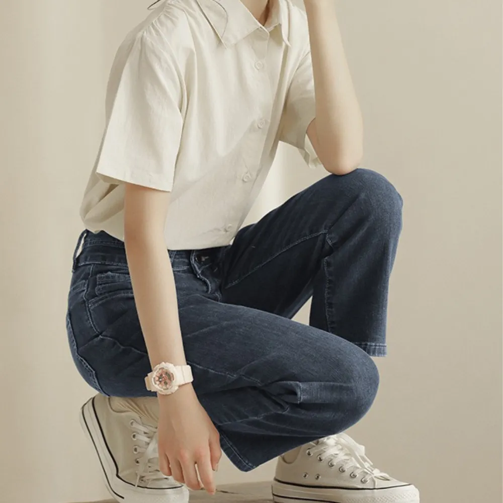 米白衬衫/ 九分牛仔裤 Off-White Collar Shirt/ Cropped Straight Denim
