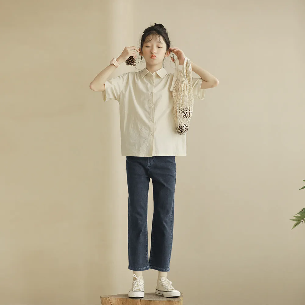 米白衬衫/ 九分牛仔裤 Off-White Collar Shirt/ Cropped Straight Denim