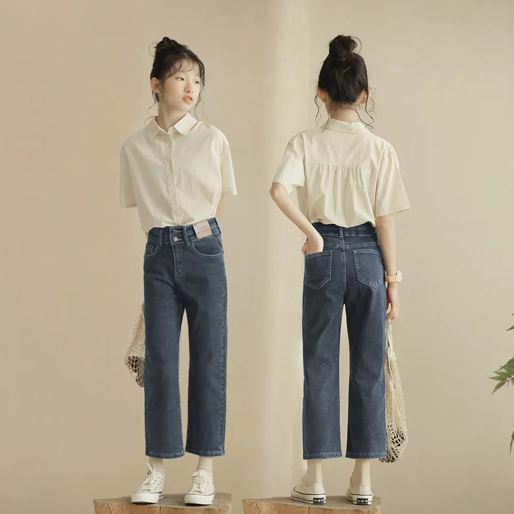 米白衬衫/ 九分牛仔裤 Off-White Collar Shirt/ Cropped Straight Denim