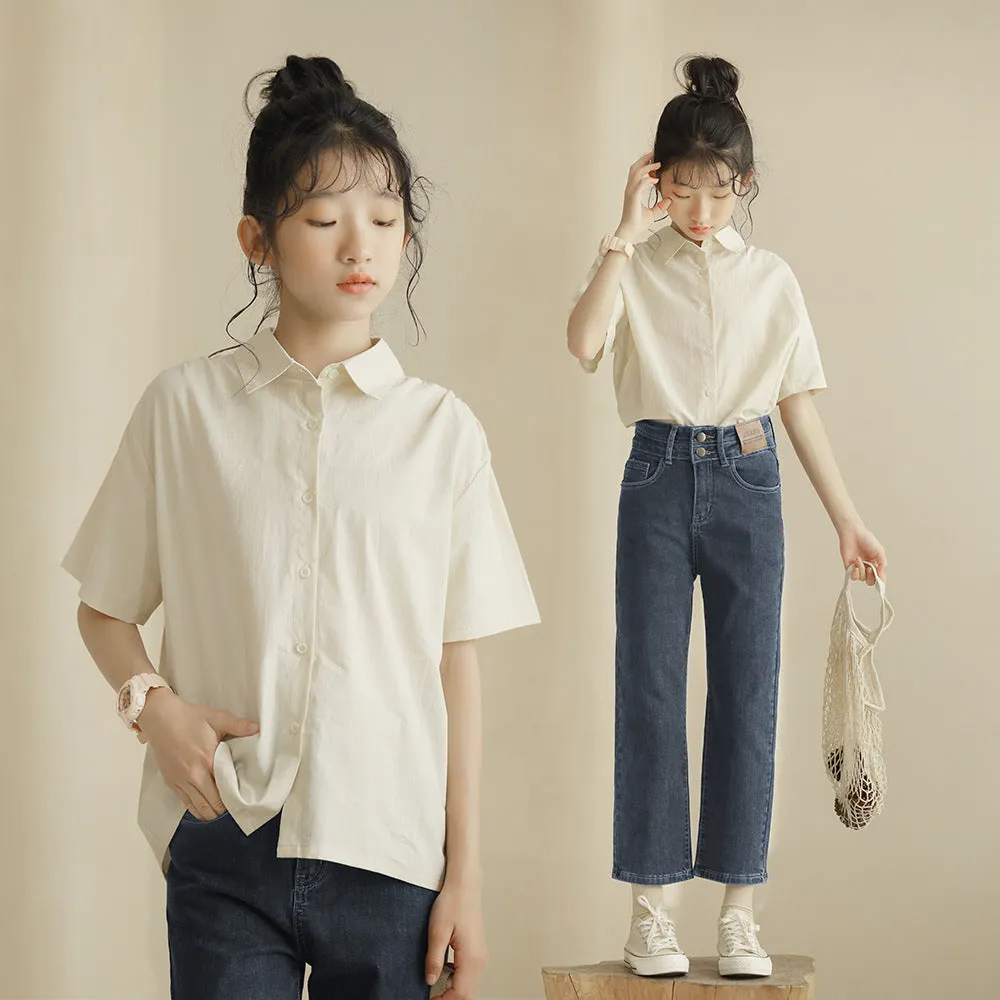 米白衬衫/ 九分牛仔裤 Off-White Collar Shirt/ Cropped Straight Denim