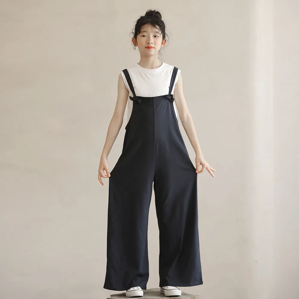 日系 白色内搭/ 宝蓝色背带裤 Tank Tops / Dungarees in Navy