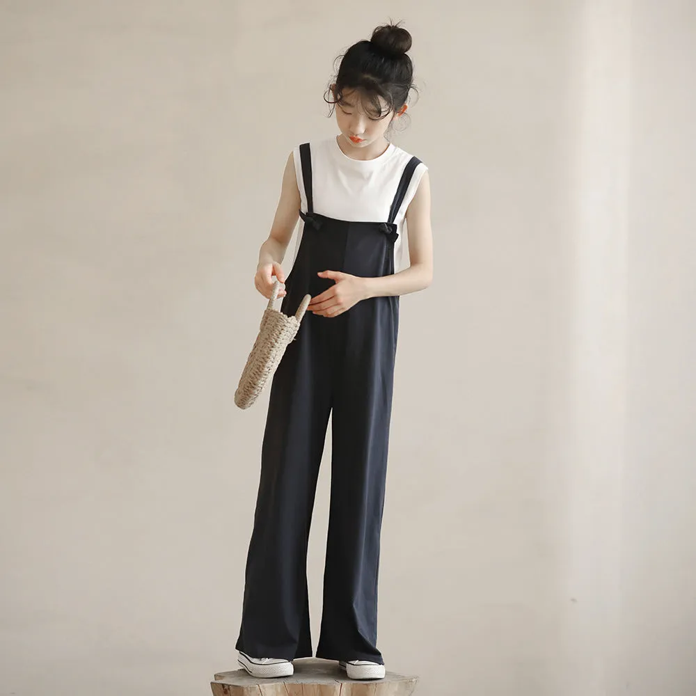 日系 白色内搭/ 宝蓝色背带裤 Tank Tops / Dungarees in Navy