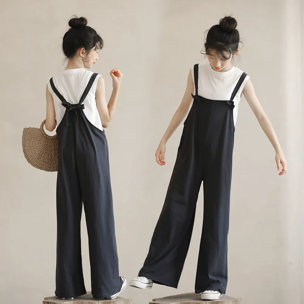 日系 白色内搭/ 宝蓝色背带裤 Tank Tops / Dungarees in Navy