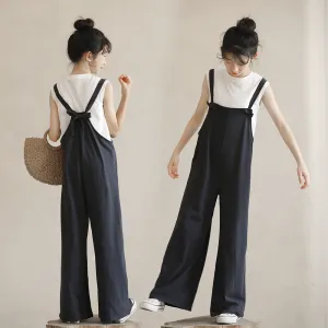 日系 白色内搭/ 宝蓝色背带裤 Tank Tops / Dungarees in Navy