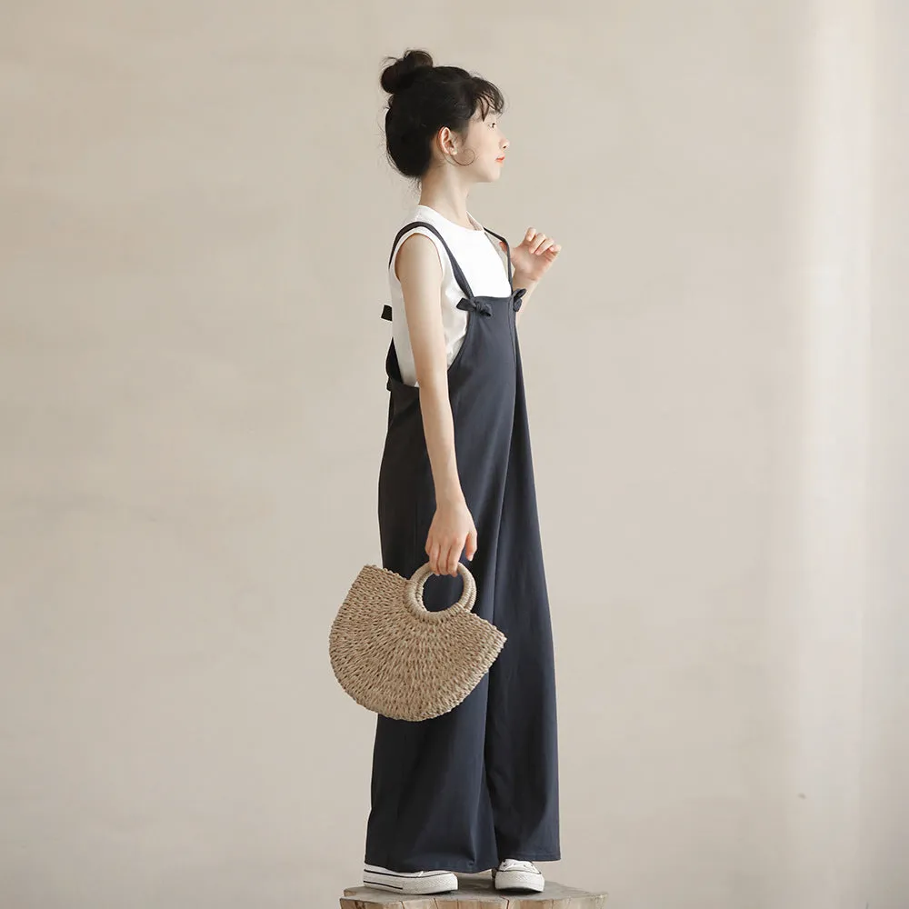 日系 白色内搭/ 宝蓝色背带裤 Tank Tops / Dungarees in Navy