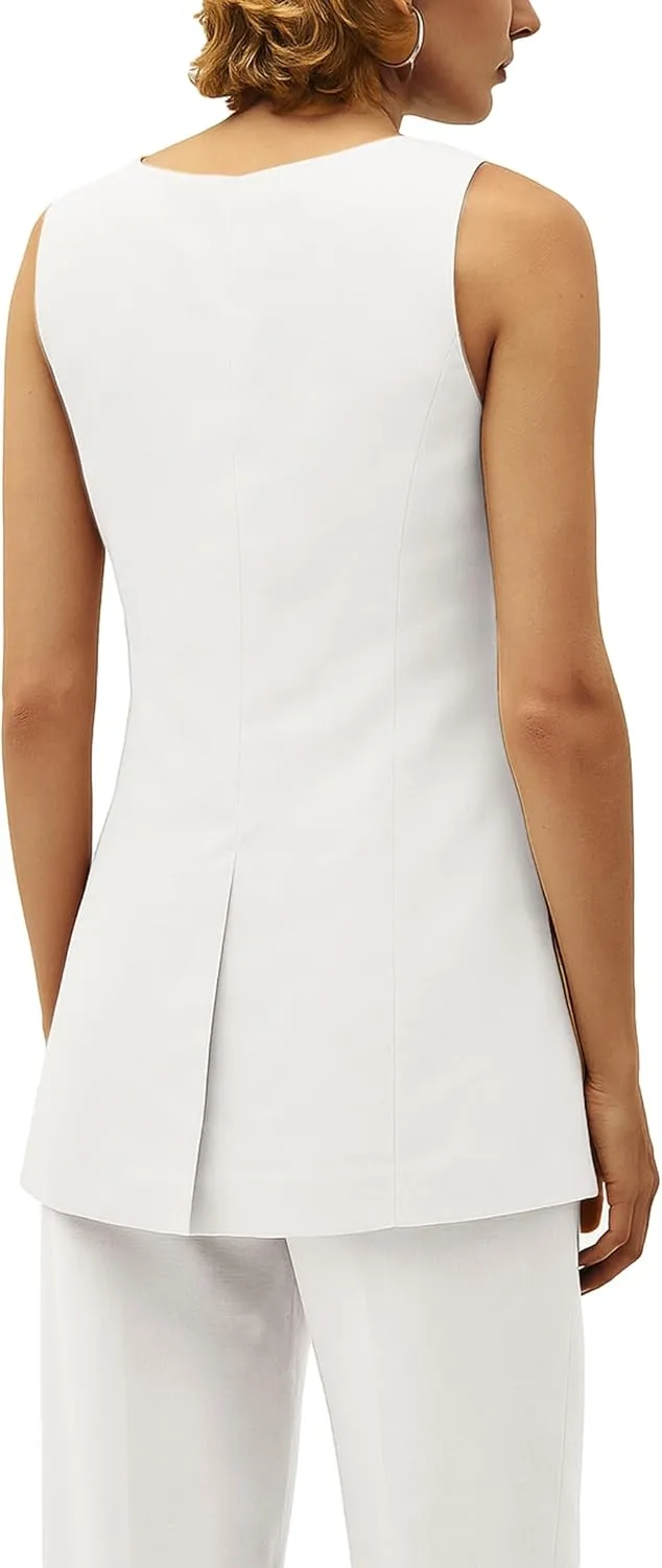 2025 Women's Summer Linen Vest Blazer Long Y2K Lightweight Fully-Lined V-Neck Fashion Casual Jackets Tops Pockets