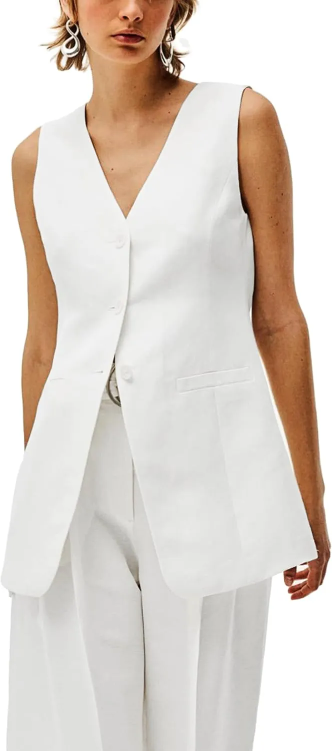 2025 Women's Summer Linen Vest Blazer Long Y2K Lightweight Fully-Lined V-Neck Fashion Casual Jackets Tops Pockets