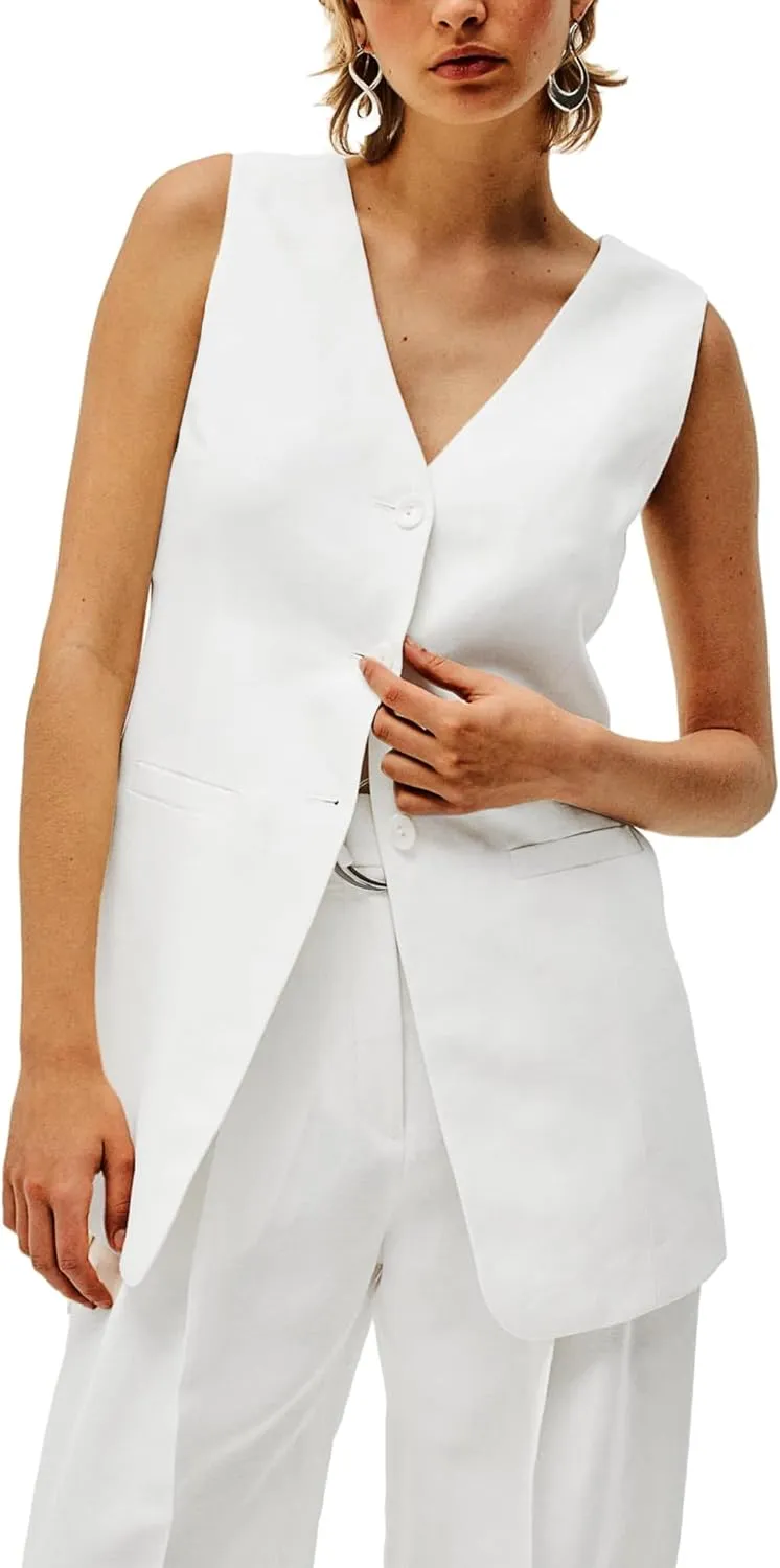 2025 Women's Summer Linen Vest Blazer Long Y2K Lightweight Fully-Lined V-Neck Fashion Casual Jackets Tops Pockets