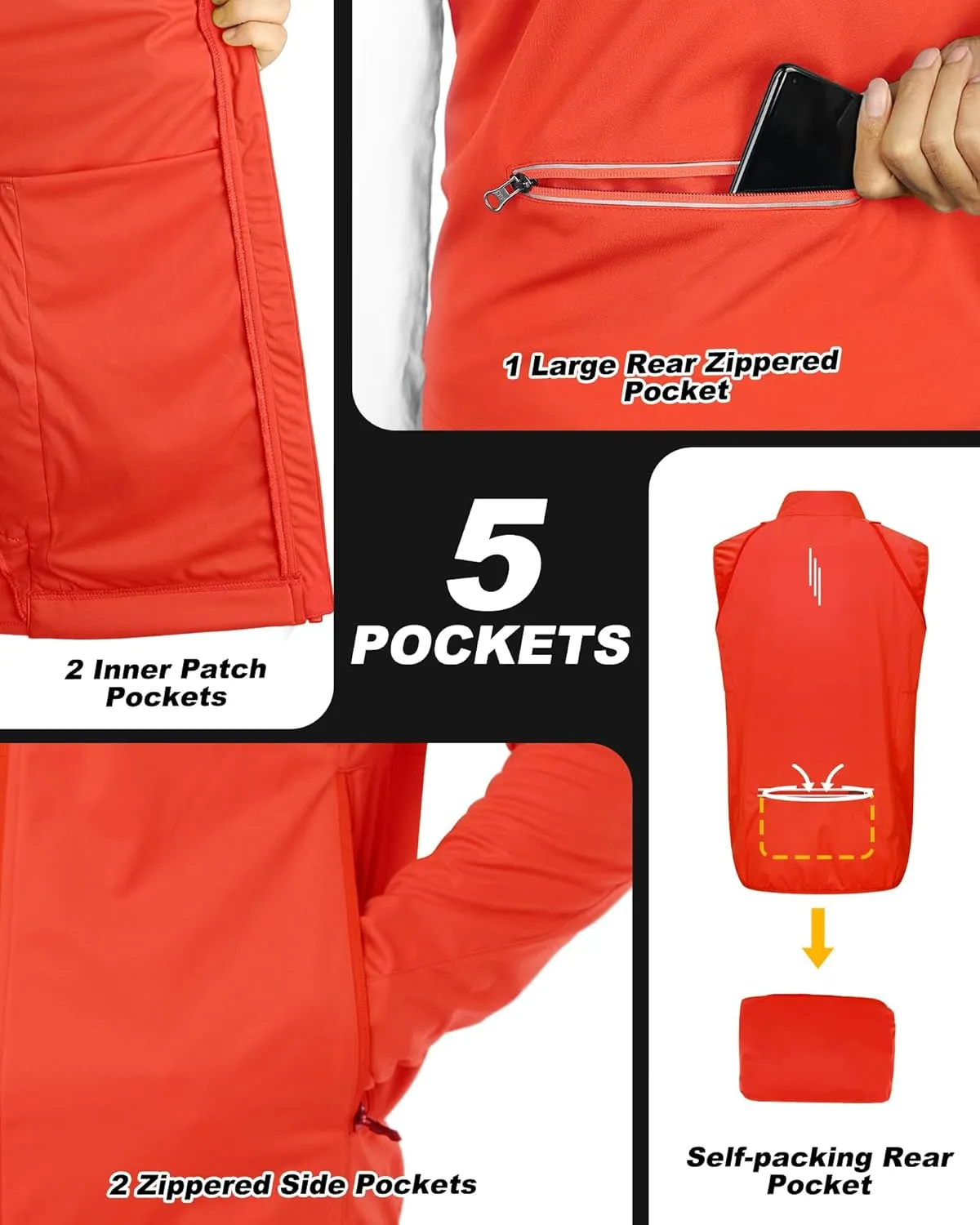 33,000ft Men's Cycling Jacket Long Sleeve, Waterproof Running Bike Vest Outerwear Reflective Windproof Sleeveless Jacket