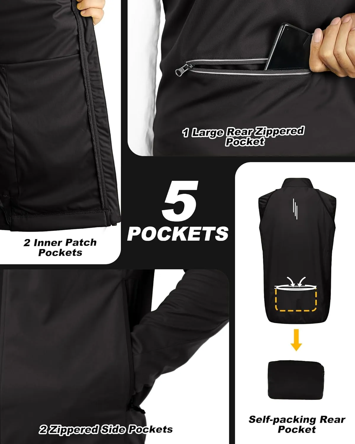 33,000ft Men's Cycling Jacket Long Sleeve, Waterproof Running Bike Vest Outerwear Reflective Windproof Sleeveless Jacket