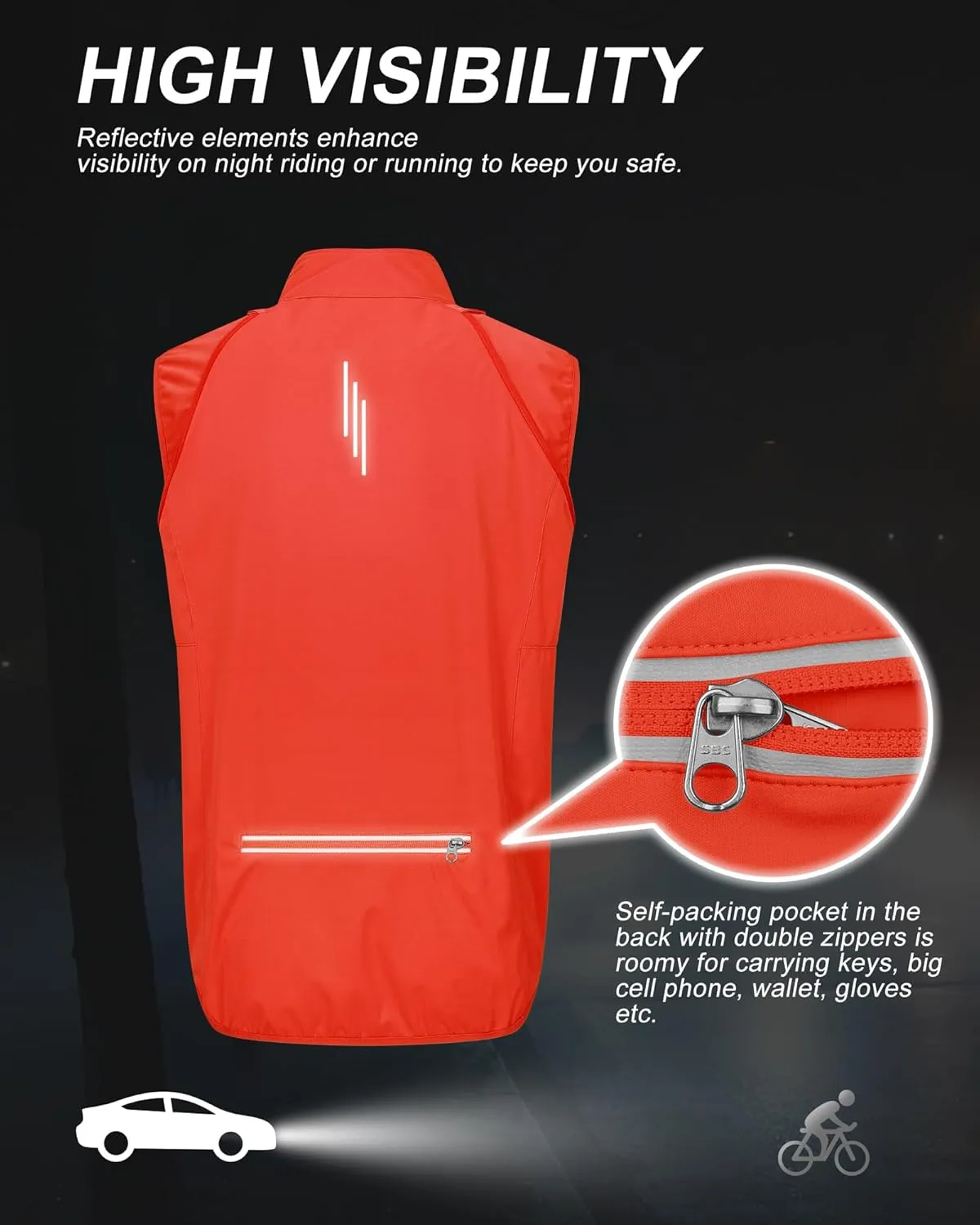 33,000ft Men's Cycling Jacket Long Sleeve, Waterproof Running Bike Vest Outerwear Reflective Windproof Sleeveless Jacket