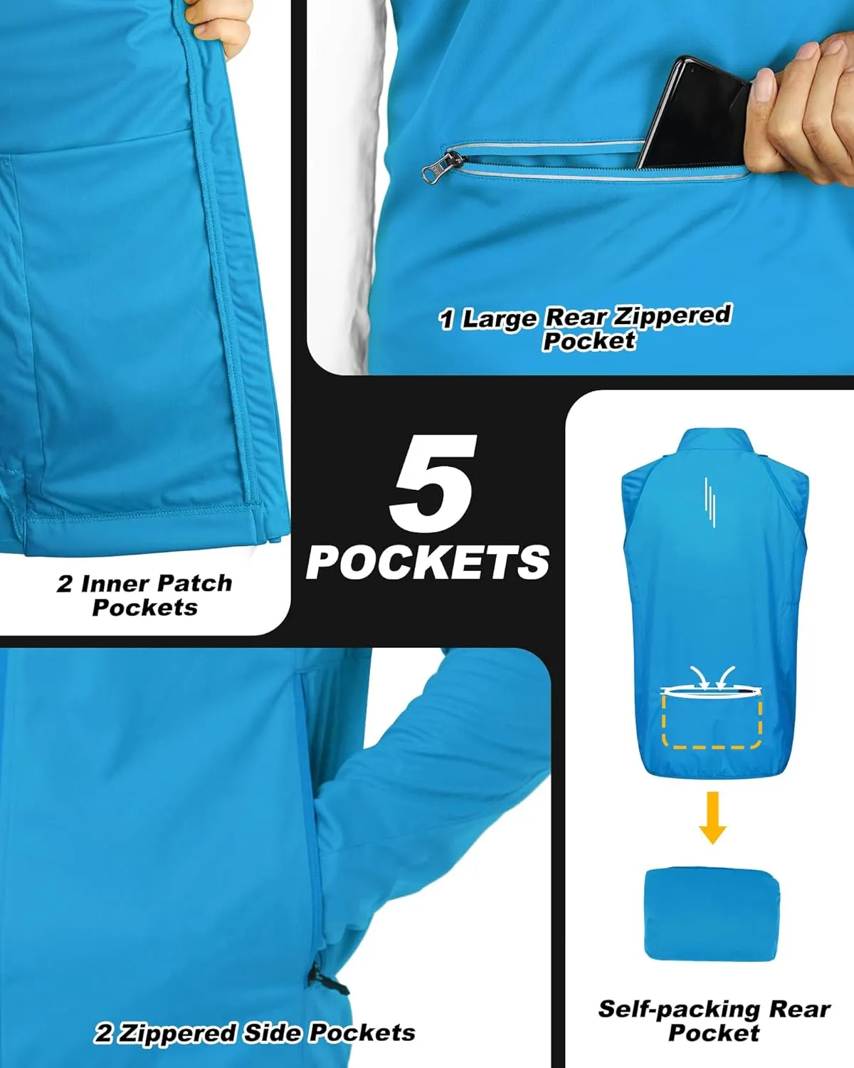 33,000ft Men's Cycling Jacket Long Sleeve, Waterproof Running Bike Vest Outerwear Reflective Windproof Sleeveless Jacket