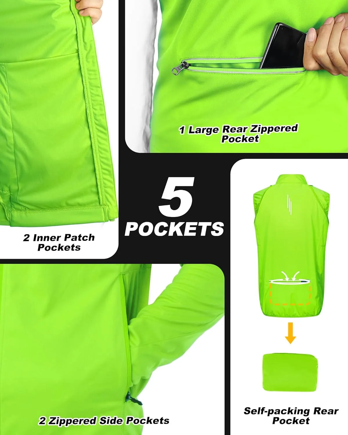 33,000ft Men's Cycling Jacket Long Sleeve, Waterproof Running Bike Vest Outerwear Reflective Windproof Sleeveless Jacket
