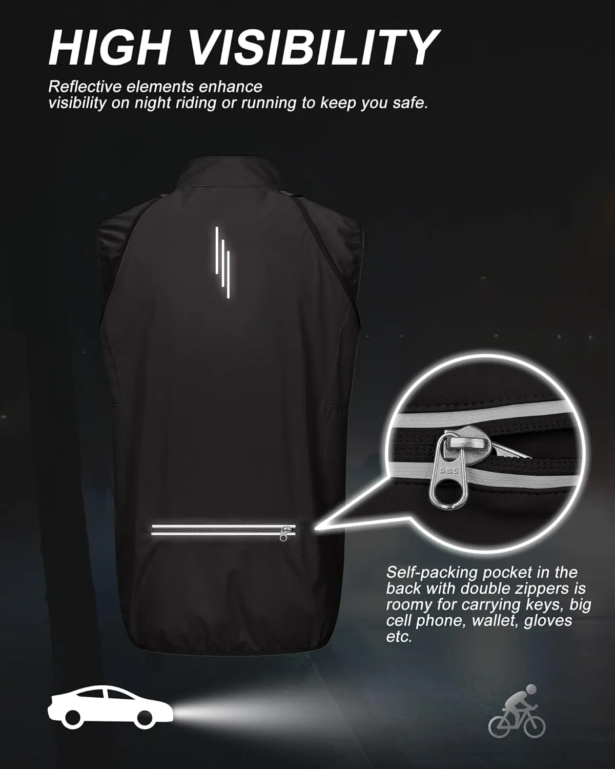 33,000ft Men's Cycling Jacket Long Sleeve, Waterproof Running Bike Vest Outerwear Reflective Windproof Sleeveless Jacket
