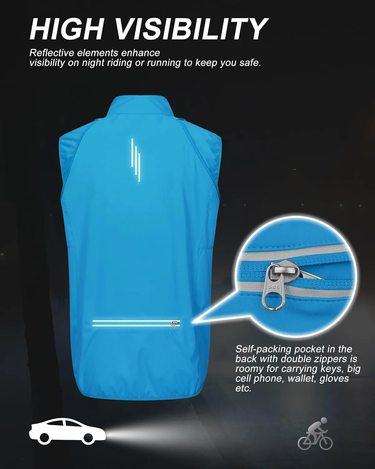 33,000ft Men's Cycling Jacket Long Sleeve, Waterproof Running Bike Vest Outerwear Reflective Windproof Sleeveless Jacket