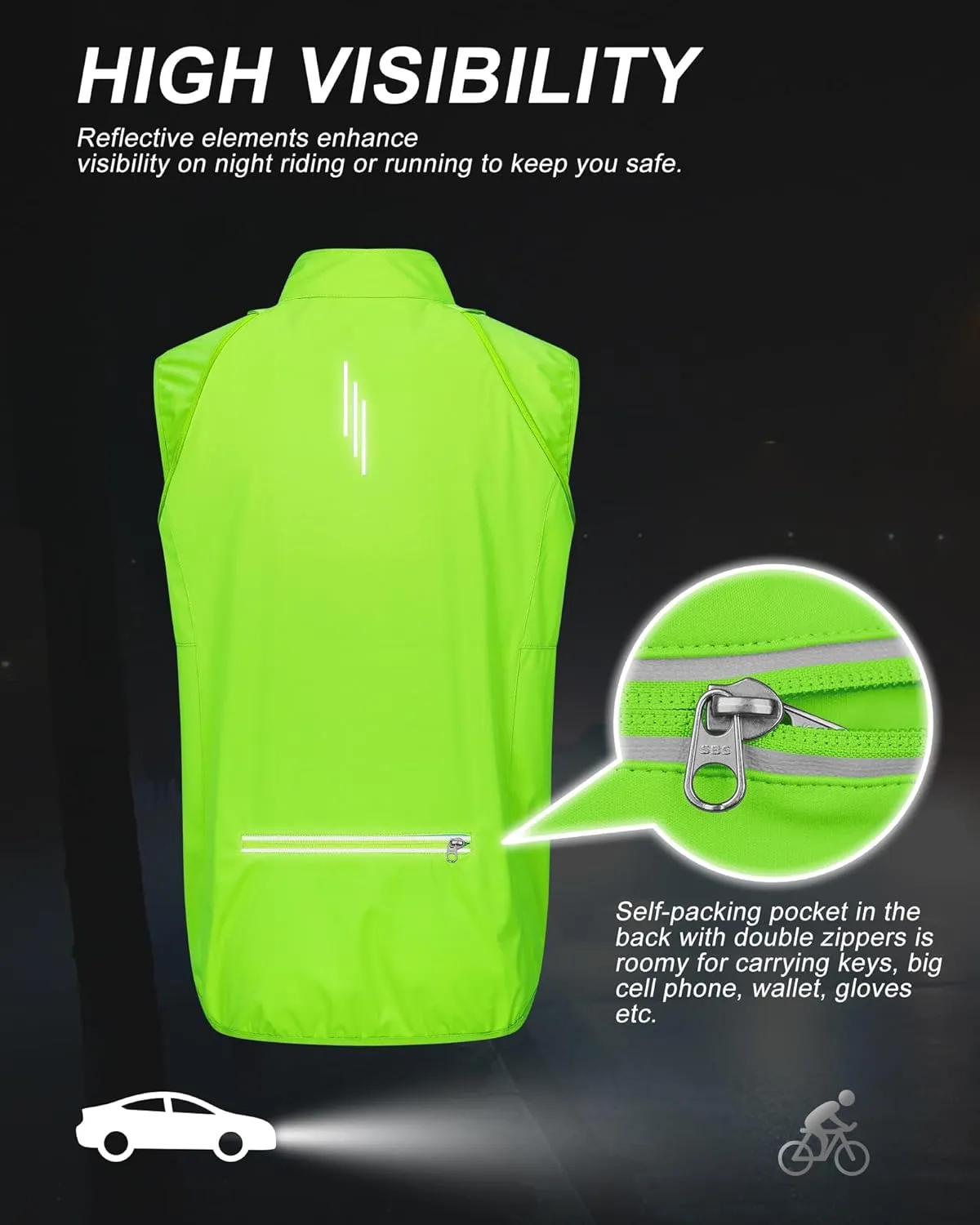 33,000ft Men's Cycling Jacket Long Sleeve, Waterproof Running Bike Vest Outerwear Reflective Windproof Sleeveless Jacket