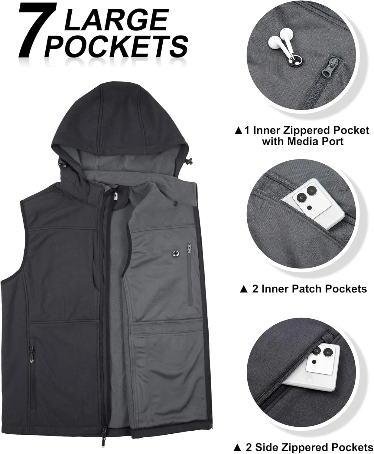 33,000ft Men's Lightweight Softshell Vest Hooded Outerwear Zip Up Fleece Lined Windproof Sleeveless Jacket for Golf Running