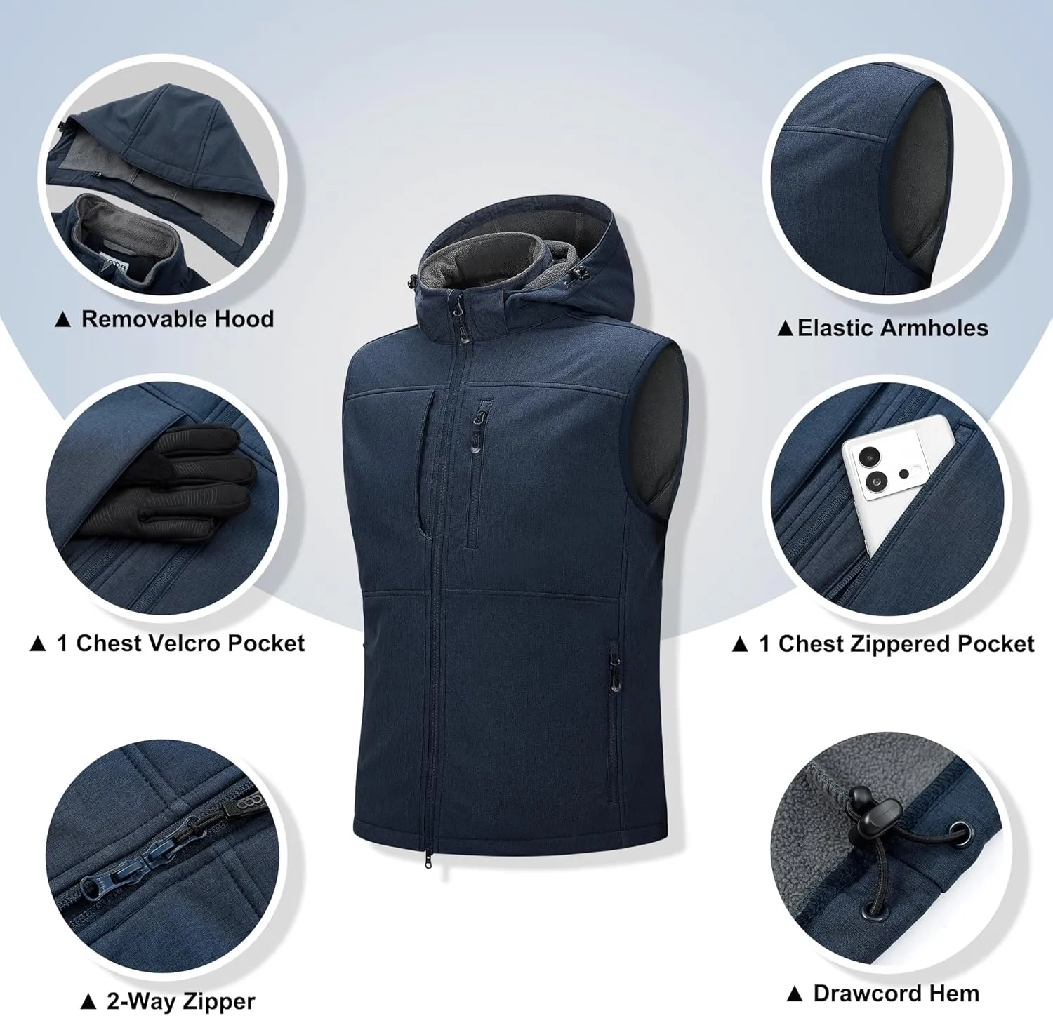 33,000ft Men's Lightweight Softshell Vest Hooded Outerwear Zip Up Fleece Lined Windproof Sleeveless Jacket for Golf Running