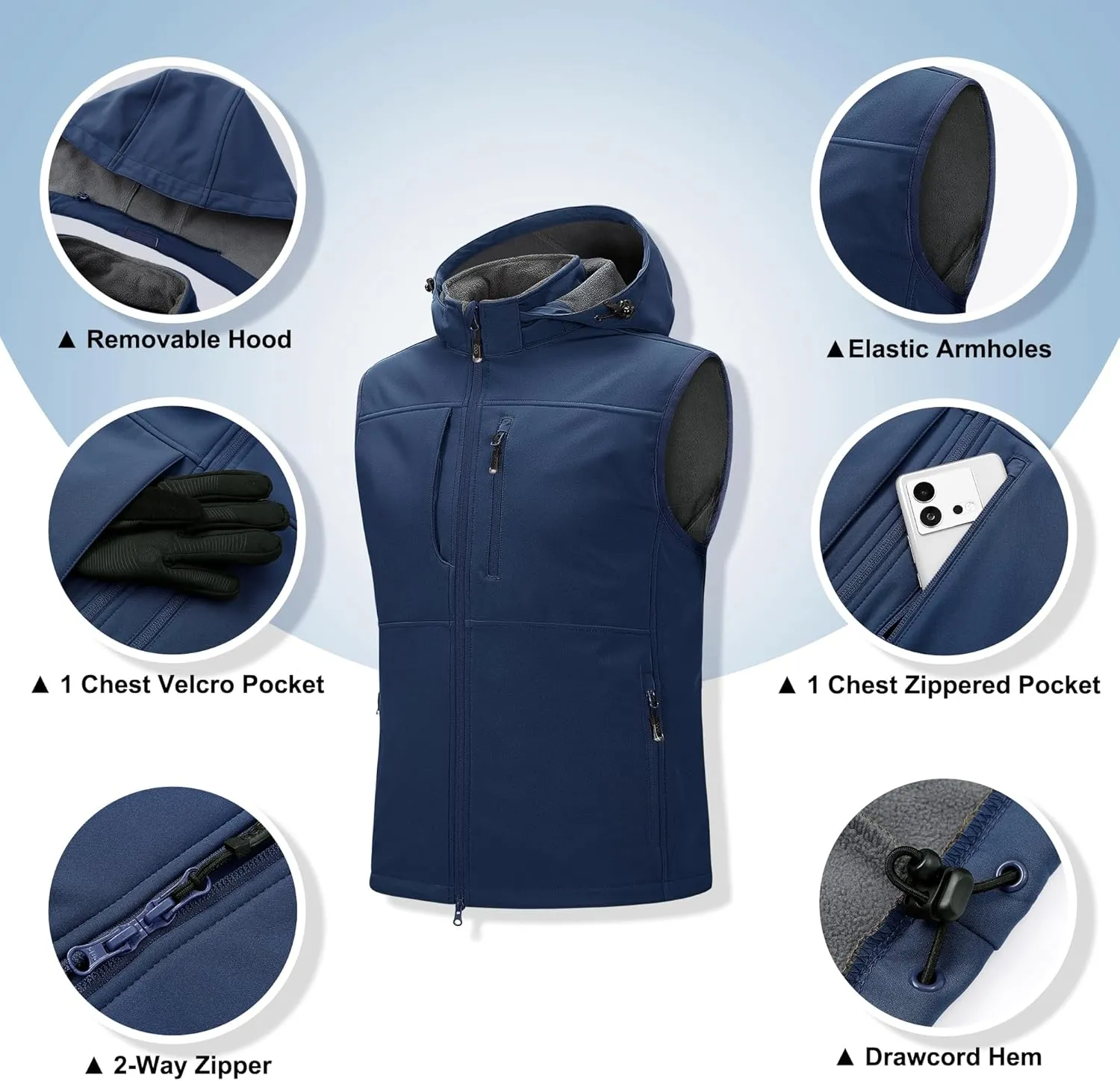 33,000ft Men's Lightweight Softshell Vest Hooded Outerwear Zip Up Fleece Lined Windproof Sleeveless Jacket for Golf Running