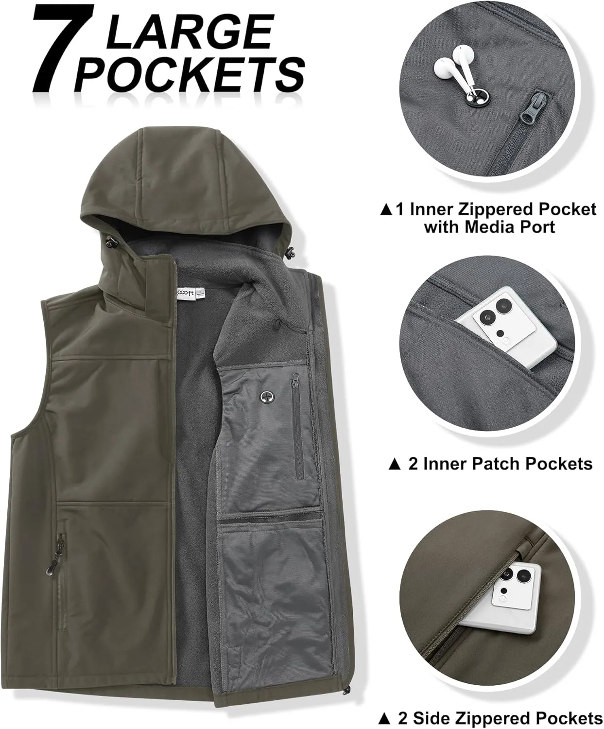 33,000ft Men's Lightweight Softshell Vest Hooded Outerwear Zip Up Fleece Lined Windproof Sleeveless Jacket for Golf Running