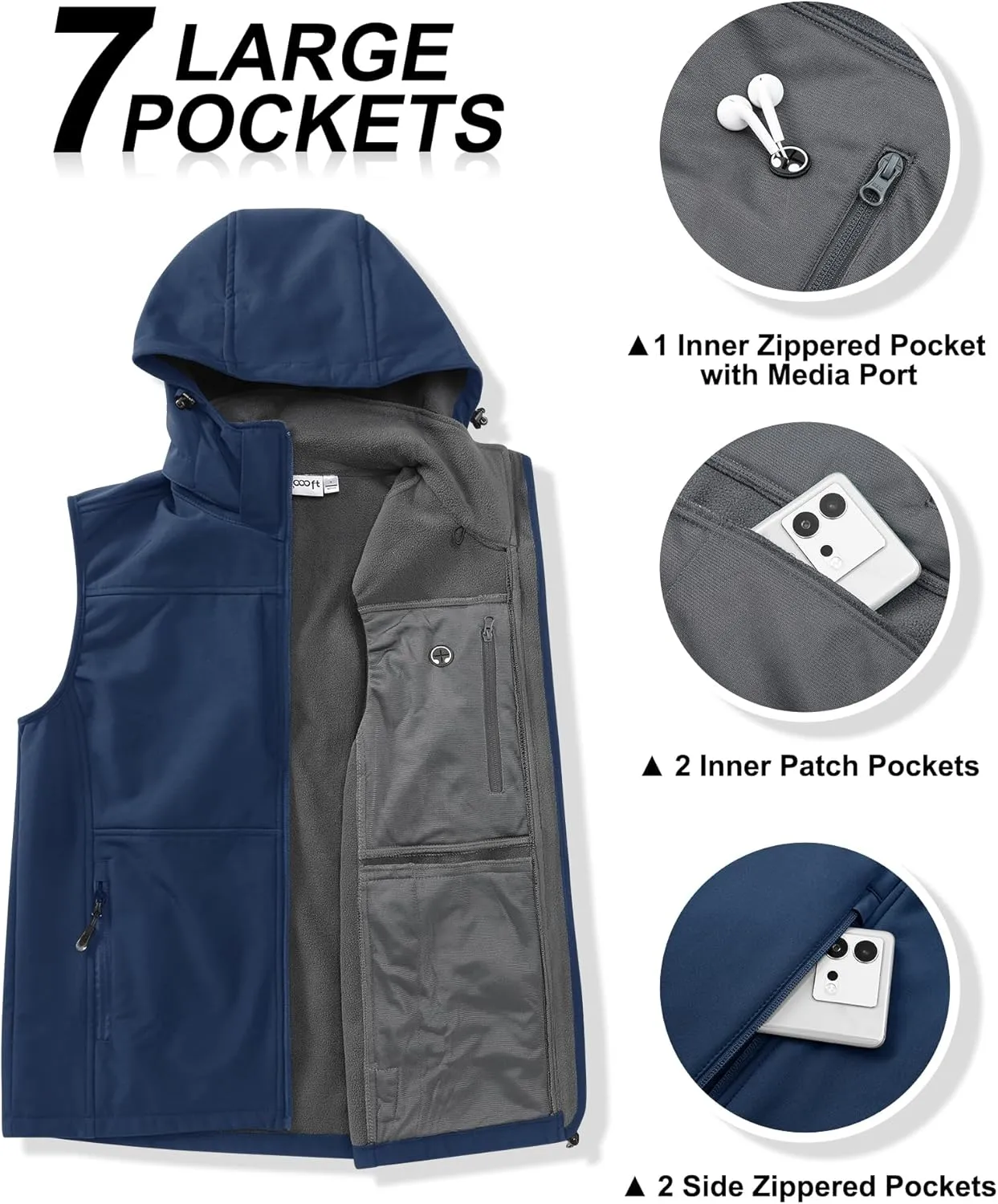 33,000ft Men's Lightweight Softshell Vest Hooded Outerwear Zip Up Fleece Lined Windproof Sleeveless Jacket for Golf Running