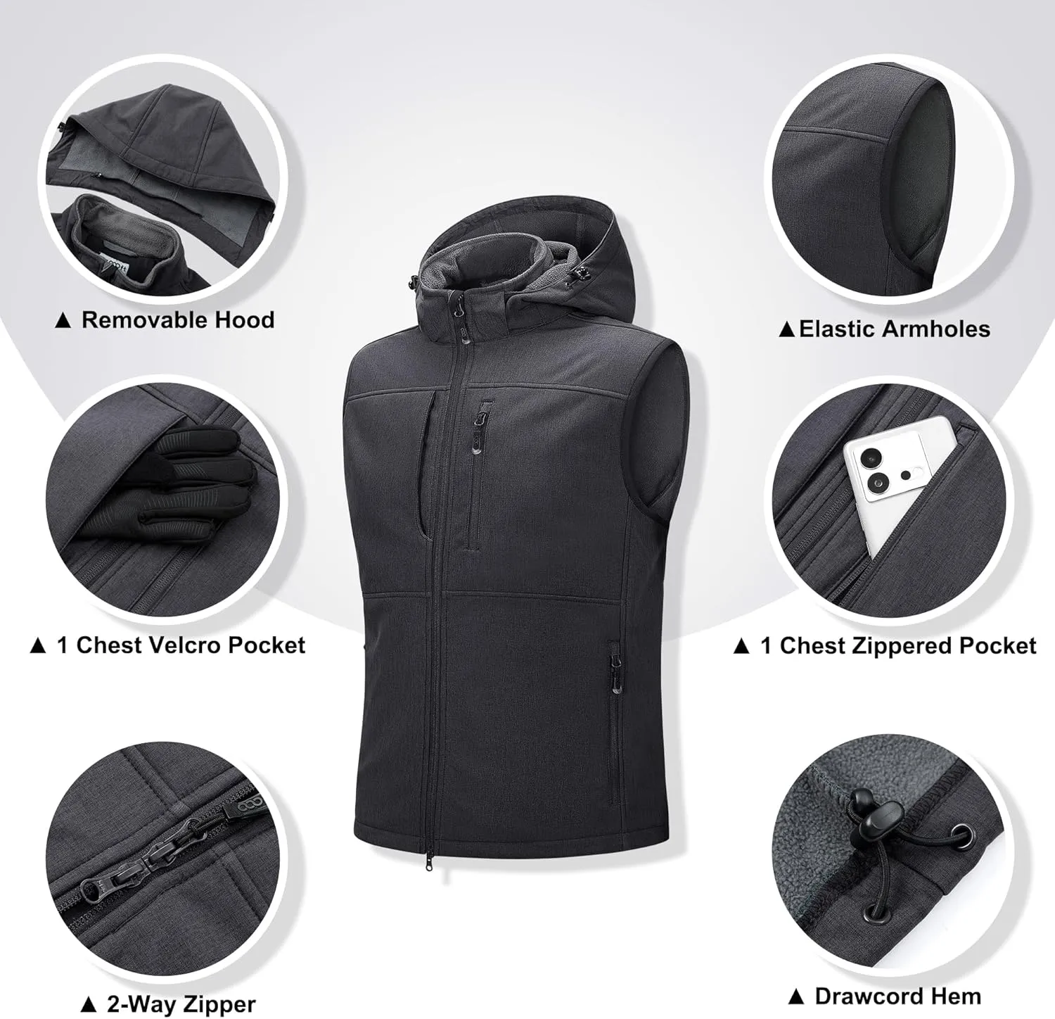 33,000ft Men's Lightweight Softshell Vest Hooded Outerwear Zip Up Fleece Lined Windproof Sleeveless Jacket for Golf Running