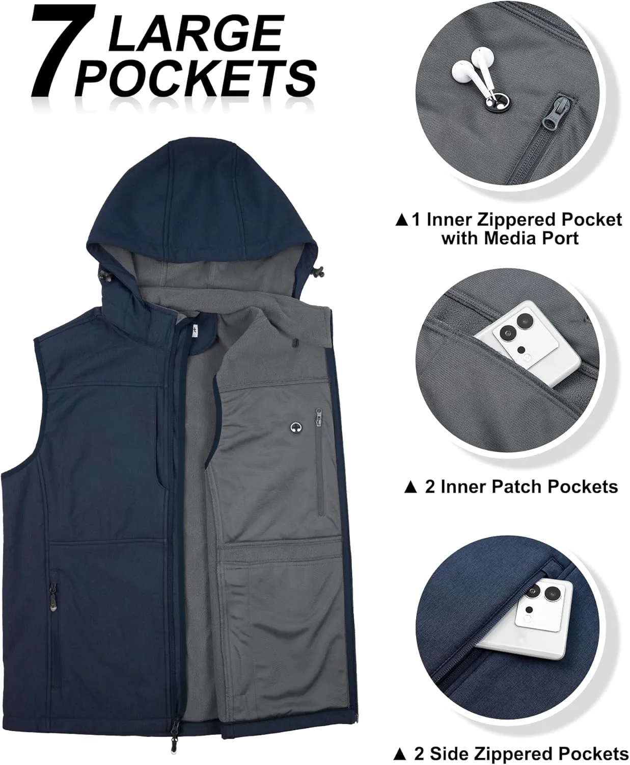 33,000ft Men's Lightweight Softshell Vest Hooded Outerwear Zip Up Fleece Lined Windproof Sleeveless Jacket for Golf Running