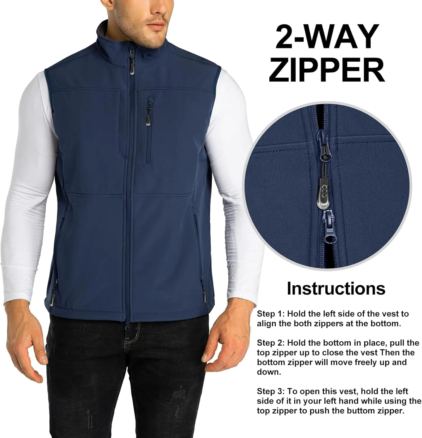 33,000ft Men's Lightweight Softshell Vest Outerwear Zip Up Fleece Lined Windproof Sleeveless Jacket for Golf Running Hiking