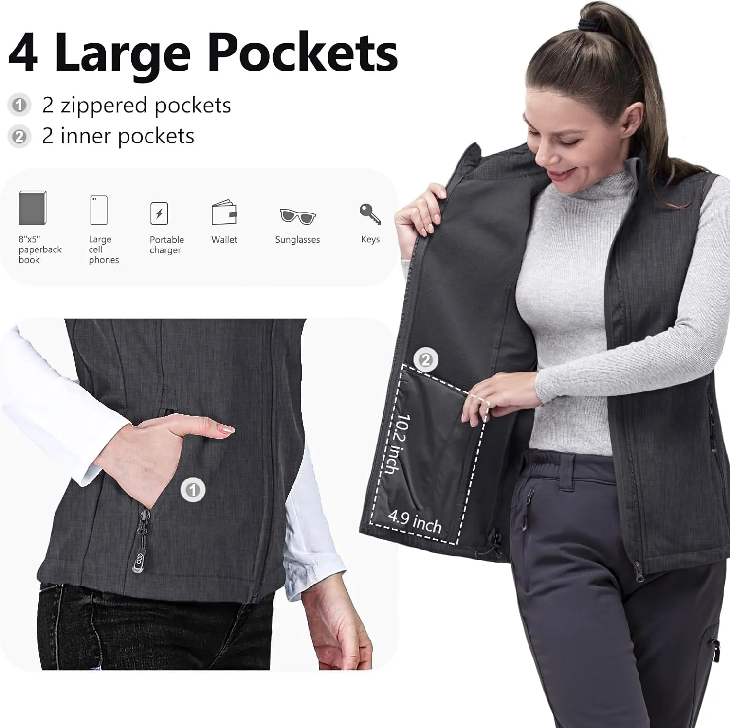 33,000ft Women's Running Vest Fleece Lined Zip Up Windproof Lightweight Softshell Vests Outerwear for Golf Hiking Sports
