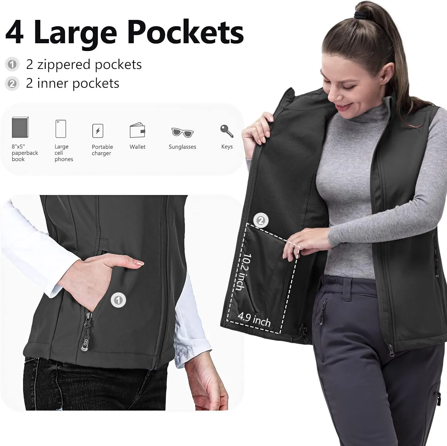 33,000ft Women's Running Vest Fleece Lined Zip Up Windproof Lightweight Softshell Vests Outerwear for Golf Hiking Sports
