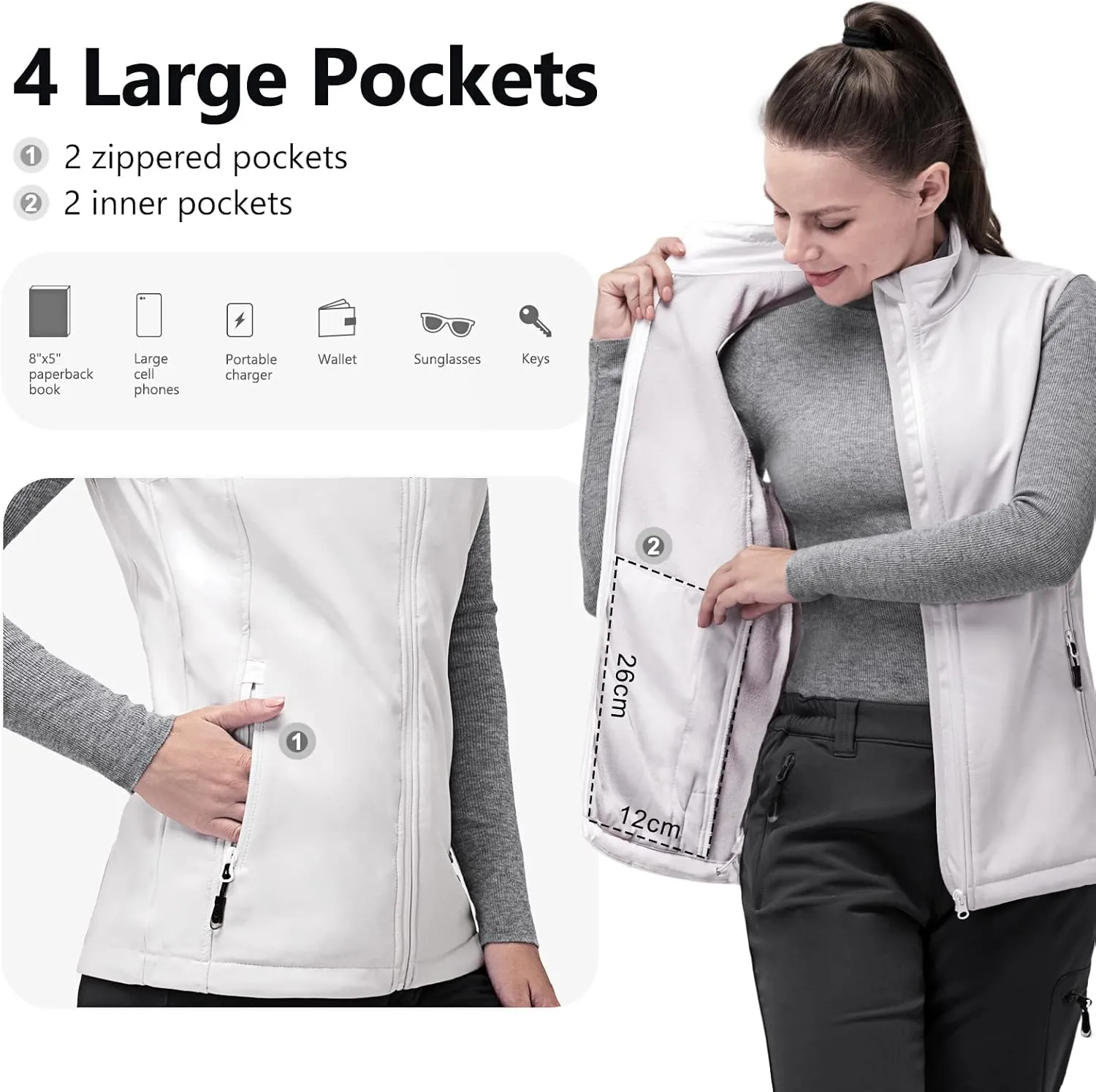 33,000ft Women's Running Vest Fleece Lined Zip Up Windproof Lightweight Softshell Vests Outerwear for Golf Hiking Sports