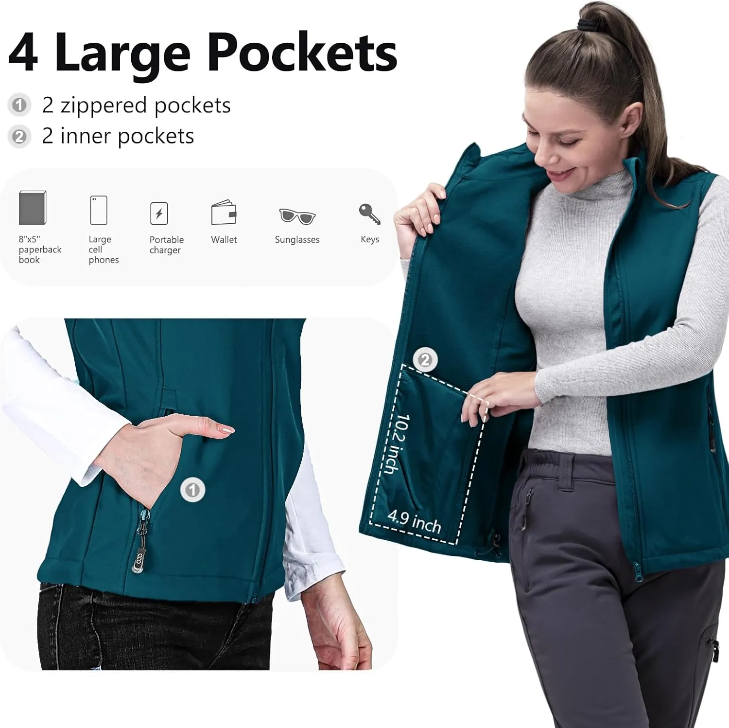 33,000ft Women's Running Vest Fleece Lined Zip Up Windproof Lightweight Softshell Vests Outerwear for Golf Hiking Sports
