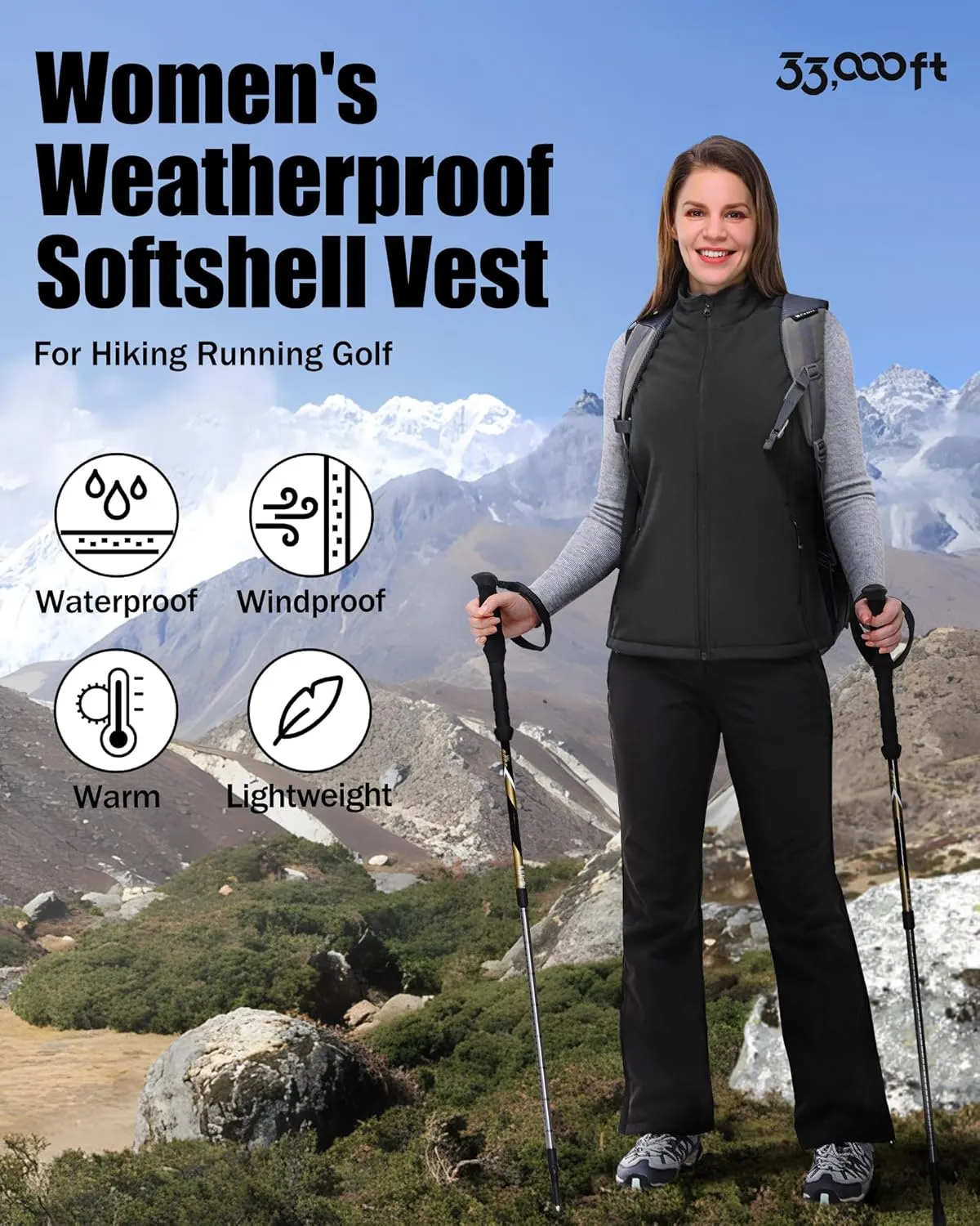 33,000ft Women's Running Vest Fleece Lined Zip Up Windproof Lightweight Softshell Vests Outerwear for Golf Hiking Sports