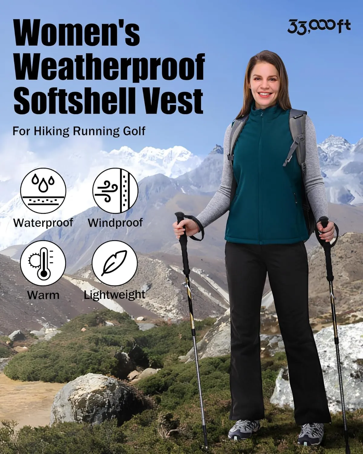 33,000ft Women's Running Vest Fleece Lined Zip Up Windproof Lightweight Softshell Vests Outerwear for Golf Hiking Sports