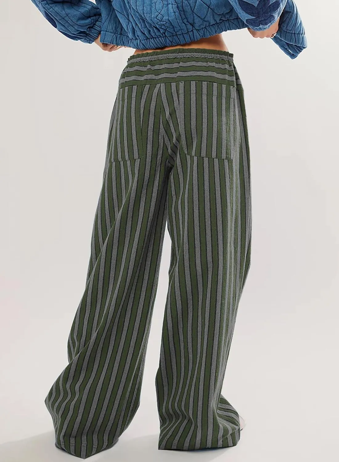 Acelitt Women Casual Drawstring Elastic Waist Loose Wide Leg Striped Pants with Pockets, S-XXL