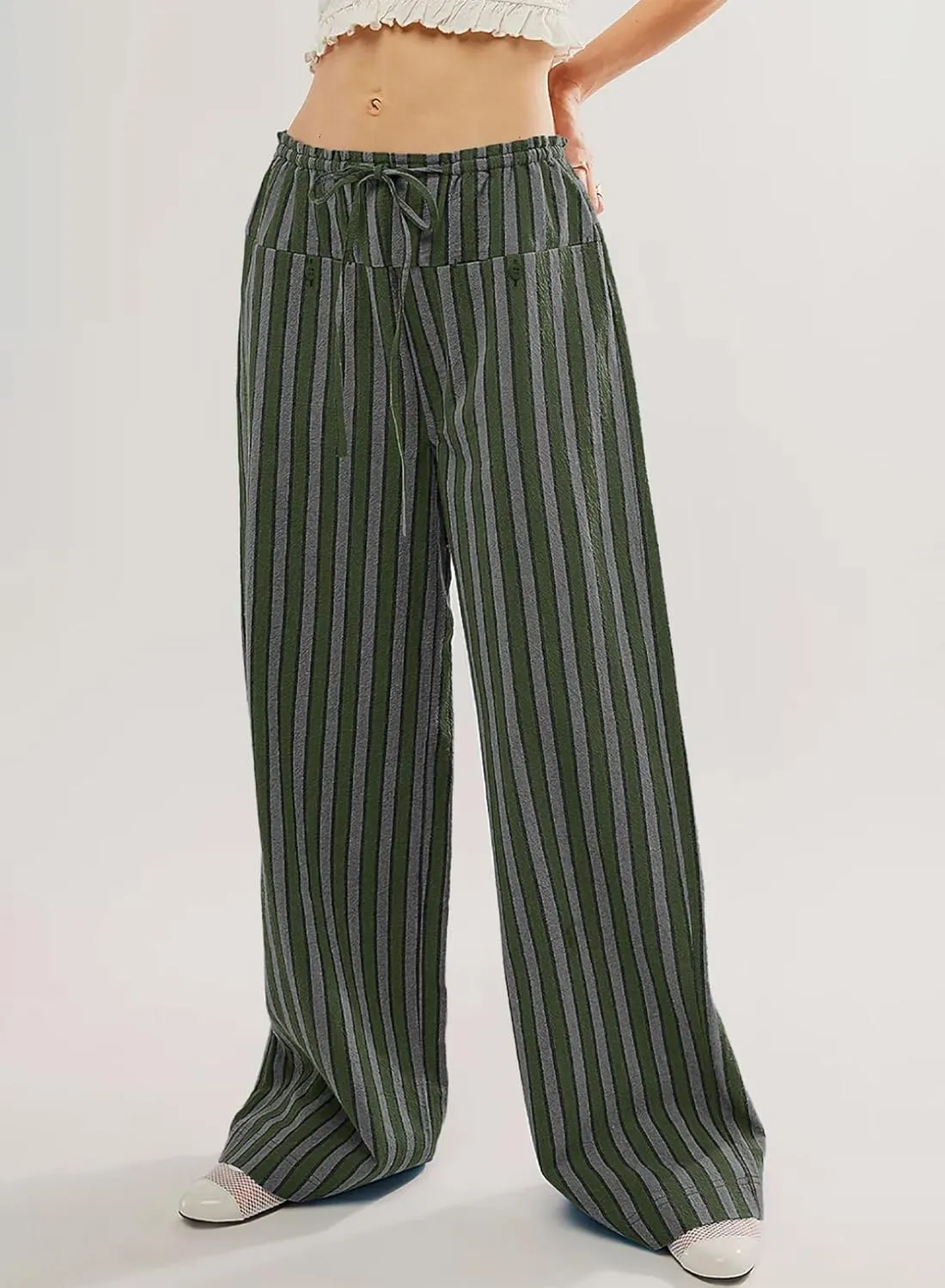 Acelitt Women Casual Drawstring Elastic Waist Loose Wide Leg Striped Pants with Pockets, S-XXL
