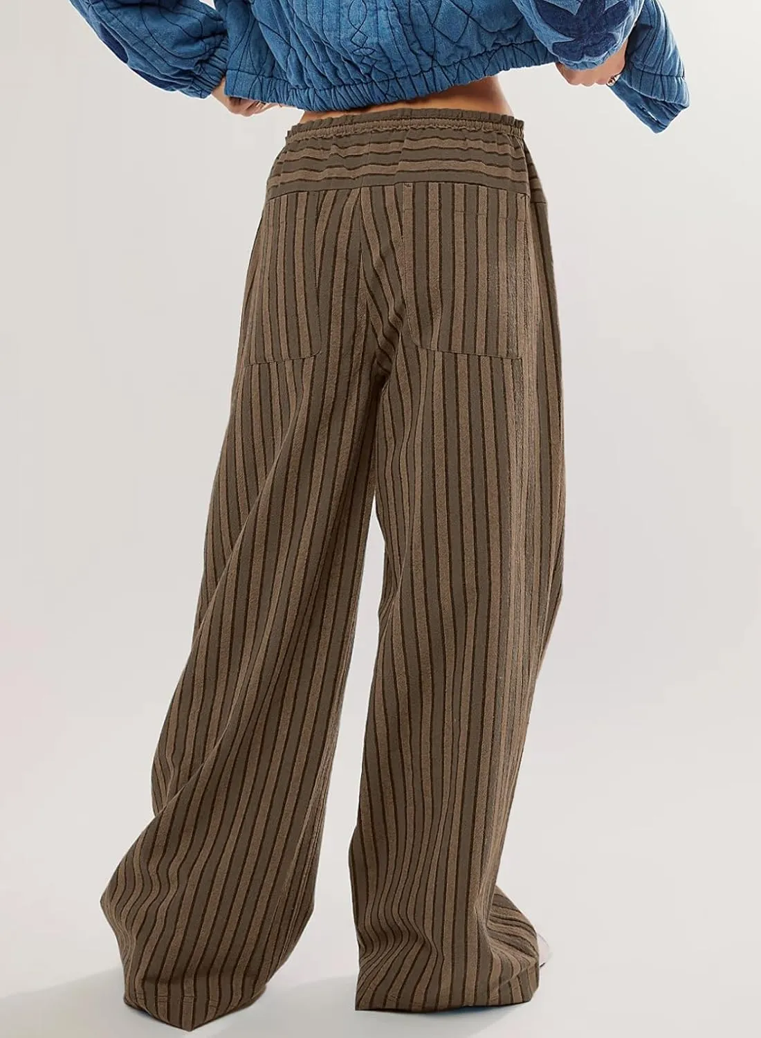 Acelitt Women Casual Drawstring Elastic Waist Loose Wide Leg Striped Pants with Pockets, S-XXL