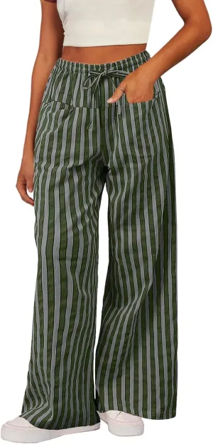 Acelitt Women Casual Drawstring Elastic Waist Loose Wide Leg Striped Pants with Pockets, S-XXL