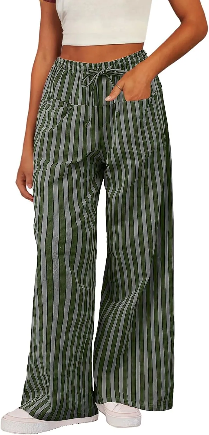 Acelitt Women Casual Drawstring Elastic Waist Loose Wide Leg Striped Pants with Pockets, S-XXL