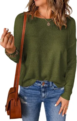 Acelitt Womens Casual Lightweight Long Sleeve Crewneck Knit Shirts Tops, S-XXL