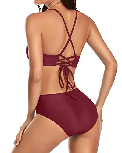 Adjustable Halter Tie String Bikini Sets For Women Bathing Suits-Maroon