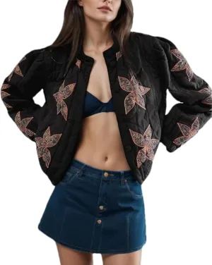 Aimiray Women's Cropped Floral Quilted Puffer Jackets 3D Printed Lightweight Button Padded Coats with Pockets
